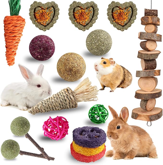 Grddaef 18 PCS Bunny Toys, Rabbit Toys Guinea Pig Toy Natural Apple Wood Grass Timothy Sticks Chew and Treat for Guinea Pigs Hamster Chinchillas-Mewly Pet