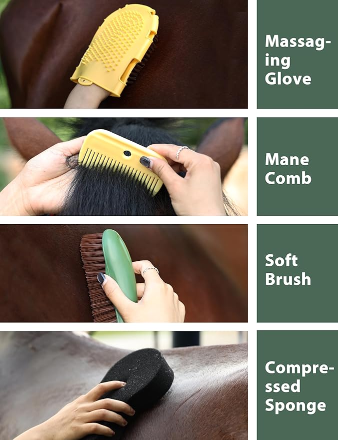 11PCS Horse Grooming Kit Curry Comb Sweat Scraper Horse Bathing Supplies Grooming Tools with Storage Bag Pasture Glow-Mewly Pet
