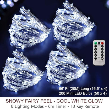 Bright Zeal 66 Ft 200 LED 8 Mode Christmas String Lights Cool White - Outdoor Battery LED String Decorations with Timer - Waterproof Fairy Lights Battery Operated - Indoor Christmas Tree Decor