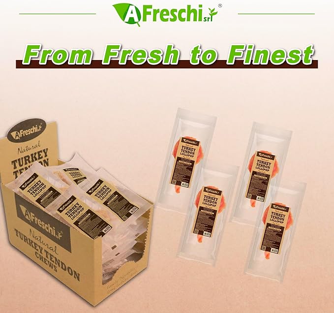 Afreschi Natural Turkey Tendon Lollipop Pack of 4, Dog Treat for Signature Series, All Natural Human Grade Puppy Chew, USA-Sourced Turkey Tendon, Rawhide Alternative-Mewly Pet