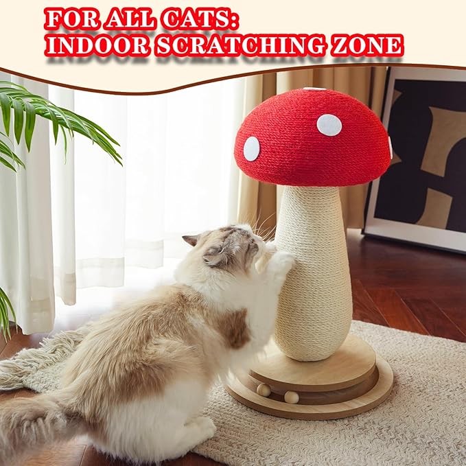 Cat Scratching Post Mushroom Cat Tree with Natural Sisal, Weighted Base & Interactive Ball - for Kittens to Adult Cats - Perfect for Indoor Cats (Red, Large 21 in, 7)-Mewly Pet