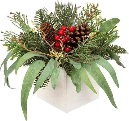 DILATATA Christmas Centerpieces 8 Inch Artificial Christmas Plant in Square Wooden Pot Tabletop Pine Plants with Red Berries Pine Cones Eucalyptus for Winter Holiday Party Fireplace Mantel Xmas Decor