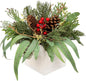 DILATATA Christmas Centerpieces 8 Inch Artificial Christmas Plant in Square Wooden Pot Tabletop Pine Plants with Red Berries Pine Cones Eucalyptus for Winter Holiday Party Fireplace Mantel Xmas Decor