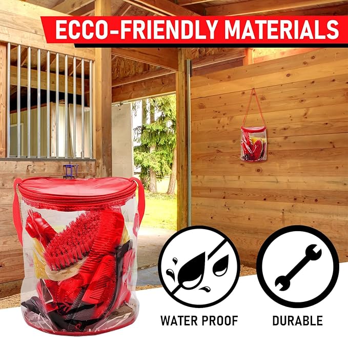 9 Pieces Horse Grooming Kit Tack Room Supplies Set with Organizer Tote Bag, Oval Massage Curry, Hard and Soft Brush, Hoof Pick, Sweat Scraper, Bathing Sponge, Combs for Horse Riders Beginners (Red)-Mewly Pet