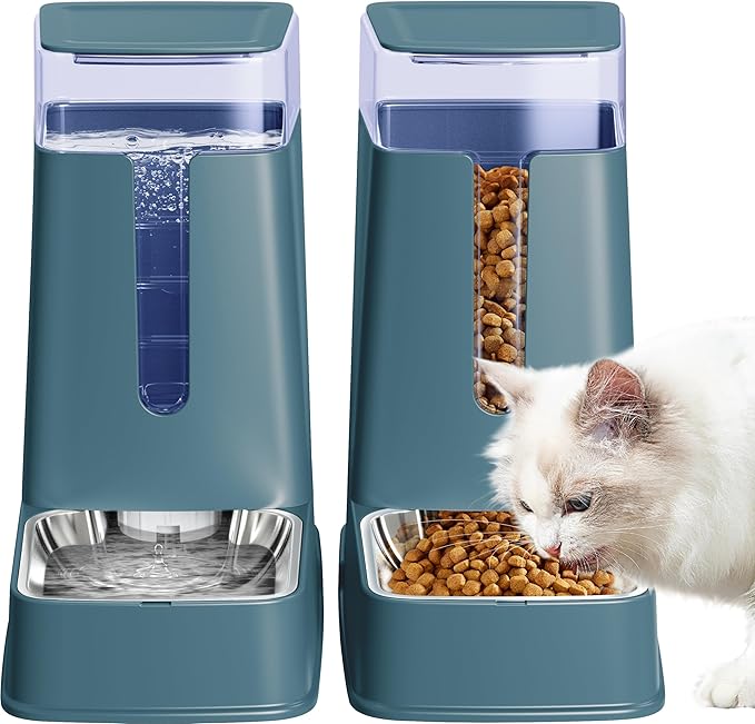 Automatic Cat Feeder and Cat Water Dispenser Set with Stainless Steel Bowls Gravity Dog Feeder for Small Medium Big Dog Pets Puppy Kitten, 3.8L x 2 (Cyan)-Mewly Pet