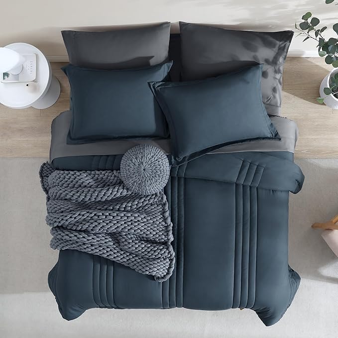 Monbix King Size Comforter Set - 7 Pieces Bed in a Bag King, Blue Gray Bedding Sets with Comforter, All Seasons Comforter Bed Set with Sheets, Pillowcases & Shams