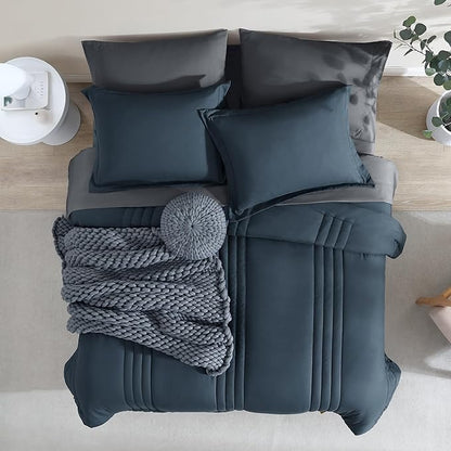 Monbix King Size Comforter Set - 7 Pieces Bed in a Bag King, Blue Gray Bedding Sets with Comforter, All Seasons Comforter Bed Set with Sheets, Pillowcases & Shams