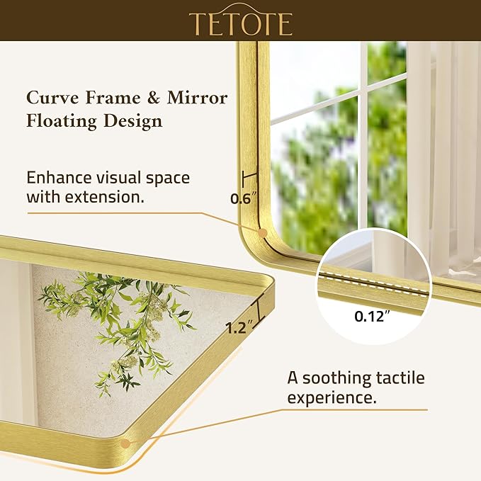 TETOTE Gold Mirror 48 x 24 Brushed Gold Metal Framed Bathroom Mirror, Tempered Glass, Modern Farmhouse Wall Mounted Mirror for Decorative(Horizontal/Vertical)