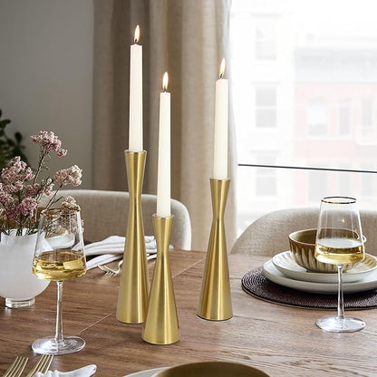 Vixdonos Brass Gold Taper Candle Holders Metal Candlestick Holders Set of 3 Table Mantel Decorative Candle Stand for Dinning,Party，Wedding,Home Decor(Brass Gold)