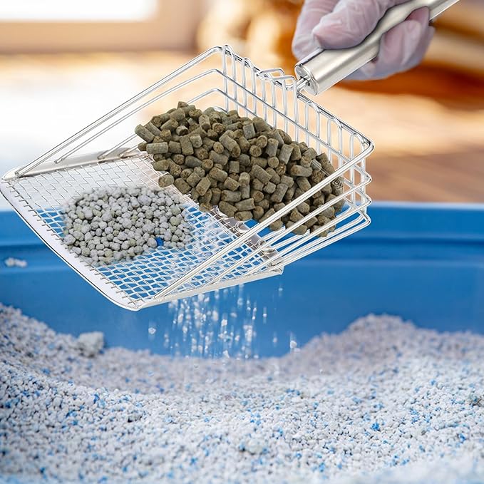 Cat Litter Scoop, Metal Scooper, Deep Shovel, Ergonomic Handle, Kitten Poop Sifting, Durable, Heavy Duty Speed Sifter, for Litter Box （Silvery-Gray）-Mewly Pet