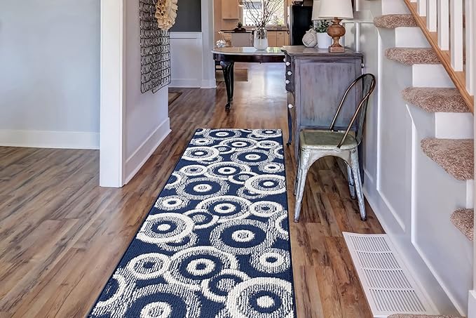 Custom Length Cut to Size Retro Modern Coastal Carpet Runner Rug for Hallways, Non Slip Rubber Backed, 31 inch Wide X Customized Length, Geo Blue, 31 inch X 12 feet