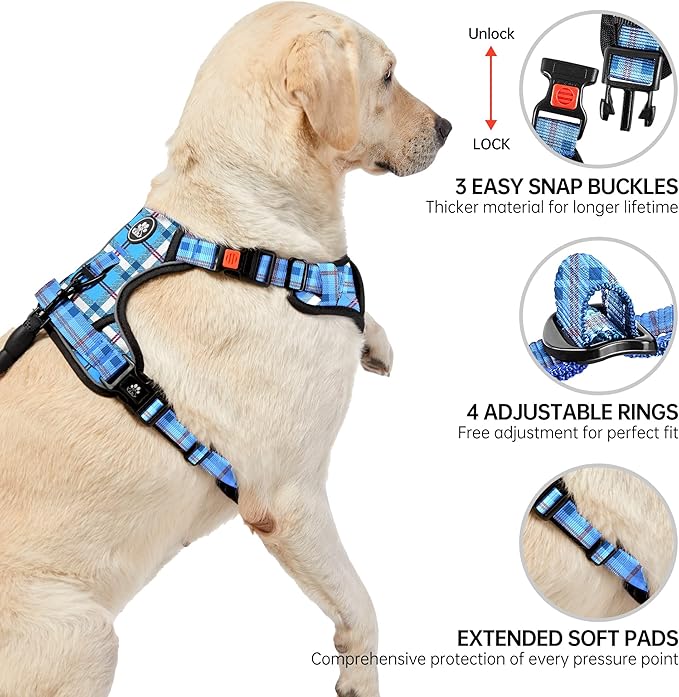 NESTROAD No Pull Dog Harness with Leash, Reflective No Choke Pet Vest Harness,Adjustable Soft Padded Dog Harness with Easy Control Handle for Large Dogs(Checkered Blue,X-Large)-Mewly Pet