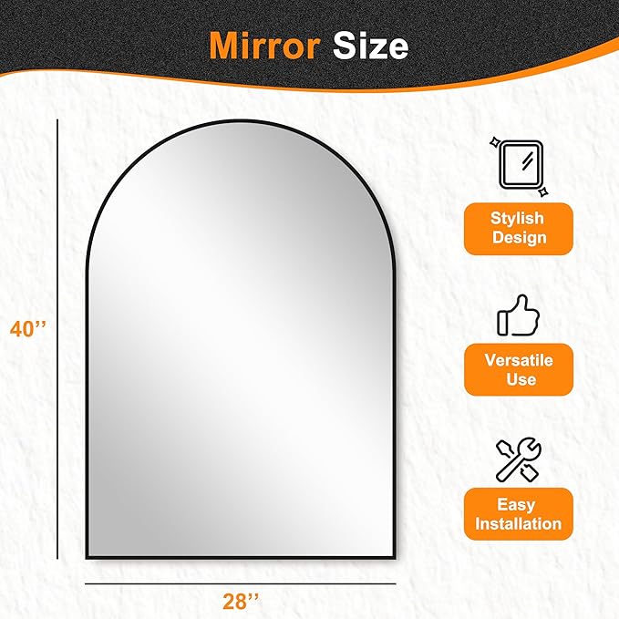 Delma Arched Bathroom Mirror, 28"x40" Wall Mounted Vanity Mirror for Bedroom, Living Room and Entryway, Black