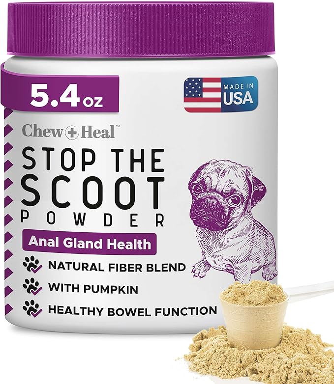 Chew + Heal Labs Glands Bowel Support - 5.4 oz of Stop The Scoot Powder for Scooting, Healthy Anal Glands, and Digestive Health - Made with Pumpkin Powder for Dogs-Mewly Pet