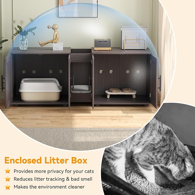 Gaomon Litter Box Enclosure with Double Room,Cat Hidden Litter Box Enclosure Furniture for 2 Cats with Double Room, 55”L x 17.7”W x 22.5”H Cat House,Wooden Enclosed Cat Litter Box Furniture,Walnut-Mewly Pet