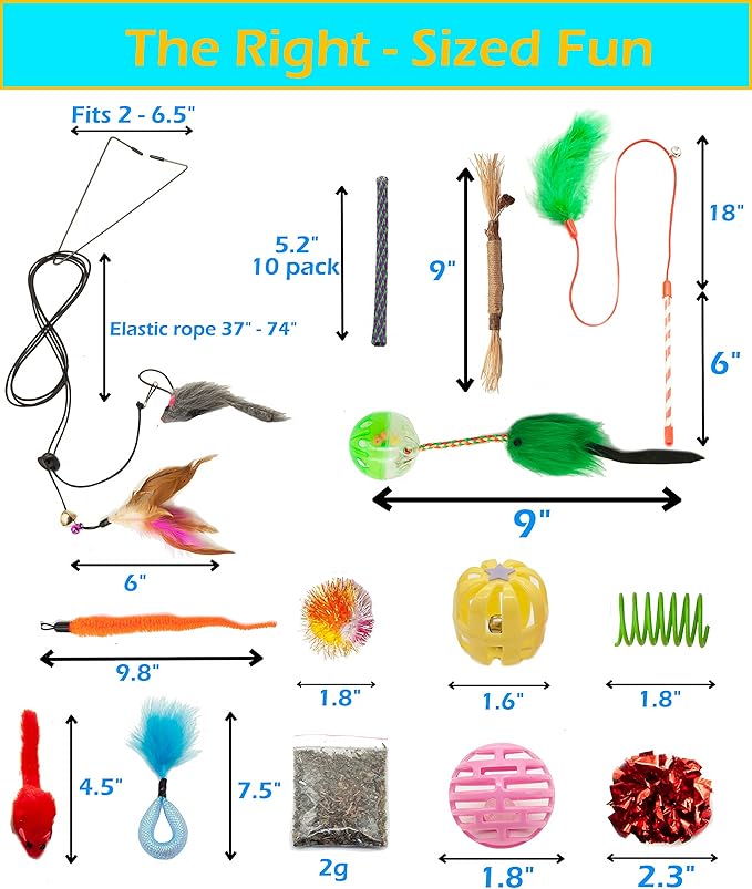 Fashion's Talk Cat Toys 50 Pcs for Indoor Cats,Interactive Door Hanging Mice Feather Toy Cat Spring Toy Cat Wand Catnip Crinkle Balls Silvervine Sticks Balls Kitten Toys Bulk-Mewly Pet