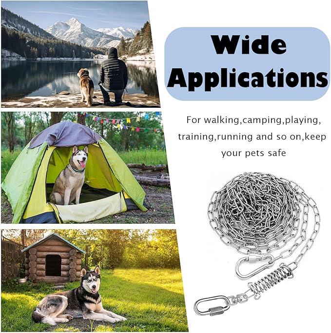 25ft Heavy Duty Chew Proof Dog Tie Out Chain Leash with Shock Absorbing Spring&Lockable Hooks-Up to 200Lbs,Use for Yard,Garden,Camping or Travel-Mewly Pet