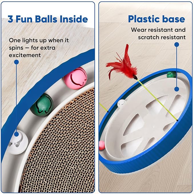 20-Inch Round Cat Scratcher with Ball Track – 3-in-1 Cardboard Scratching Pad with Feather Toy & Non-Slip Base – Interactive Cat Toy for Indoor Cats, Kittens & Large Cats (Blue)-Mewly Pet