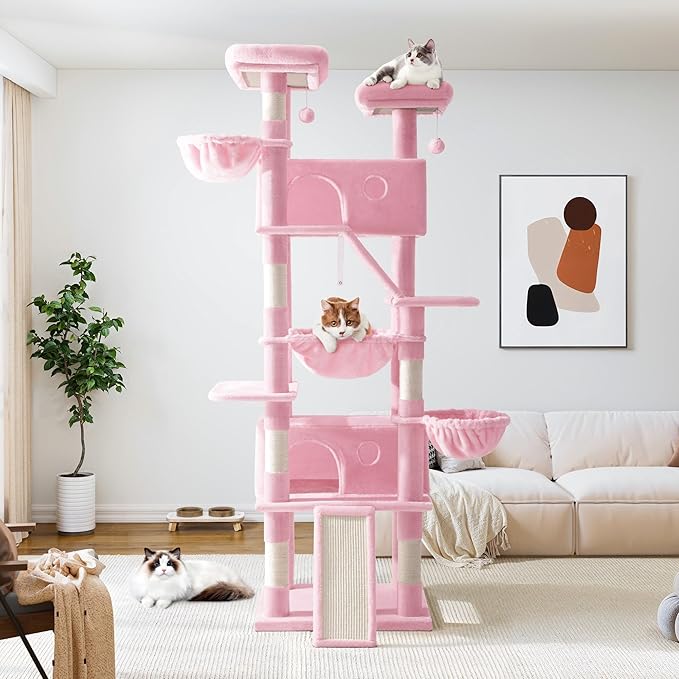 Allewie 81 Inches Tall Cat Tree/Multi-Level Large Climbing Tree House and Towers for Big Feline/Condo and Hammock/Scratching Post/Wide Base/Pink-Mewly Pet