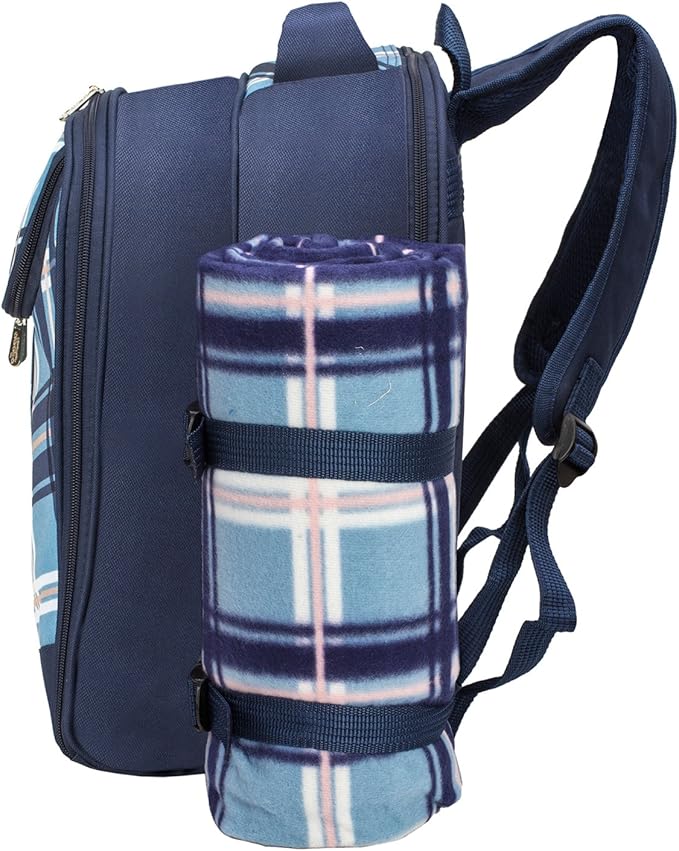 Apollo Walker Picnic Backpack Bag for 2 Person with Cooler Compartment, Detachable Bottle/Wine Holder, Fleece Blanket, Plates and Cutlery (Blue)-Mewly Pet