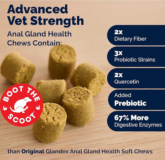 Vetnique Glandex Anal Gland Soft Chew Treats with Pumpkin for Dogs Digestive Enzymes, Probiotics Fiber Supplement for Dogs Boot The Scoot (Advanced Strength Duck/Bacon Chews (Vegetarian), 120 Ct)-Mewly Pet