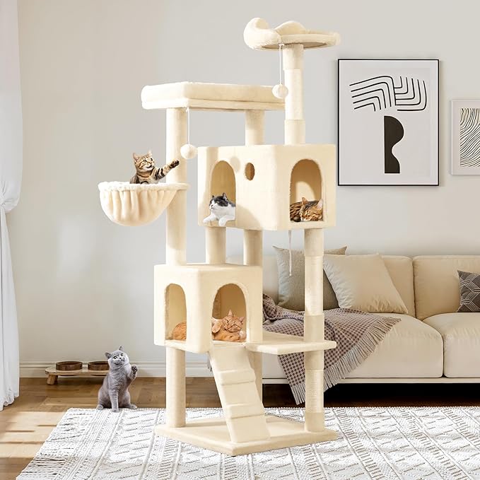 Allewie 64 Inches Cat Tree Tower/Multi-Level Activity Center for Indoor Big Felines/2 Plush Condos/2 Perchs/Basket/House/Sisal Scratching Posts/Hanging Cat Toys/Beige-Mewly Pet