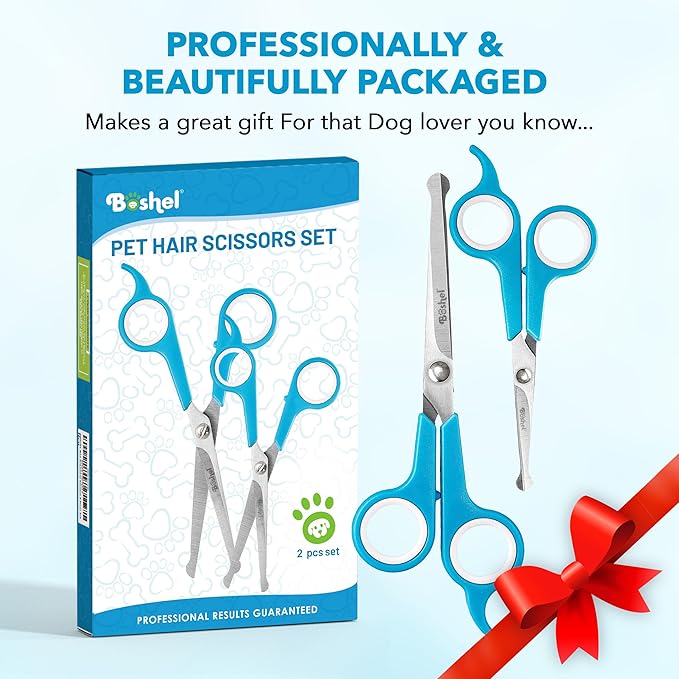 BOSHEL Dog Grooming Scissors for Dogs at Home (2 Pc) - Razor Sharp Stainless Steel Dog Scissors for Grooming - Professional Pet Scissor Set for Dogs & Cats - Best Pet Shears with Rounded Safety Tips-Mewly Pet