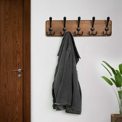 WEBI Rustic Coat Rack Wall Mount,Solid Wood Coat Hooks Wall Mounted Coat Hanger,16" Hole to Hole,Hook Rack Rail,5 Triple Hooks for Hanging Coats,Jacket,Clothes,Brown