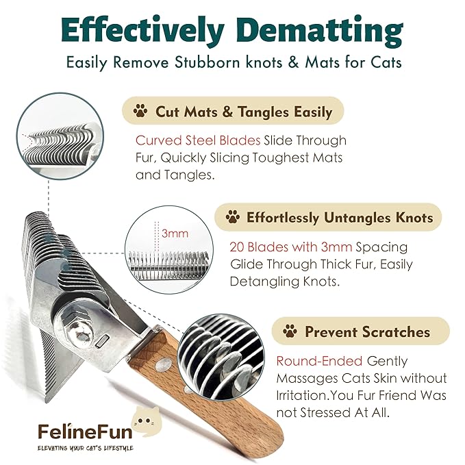 FelineFun Cat Brush for Dematting & Deshedding, 2 in 1 Undercoat Rake, Efficiently Remove Loose Hair & Matted Fur, Professional Shedding Comb for Indoor Cats & Long Haired Cats-Mewly Pet