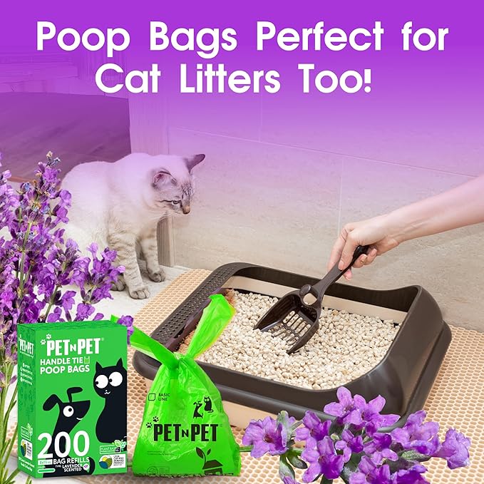 Pet N Pet 200 Counts Lavender Scented Dog Poop Bags Rolls with Tie Handles, 38% Plant Based & 62% PE Poop Bags for Dogs, Extra-Thick Doggie Poo Bag, Pet Waste Bag-Mewly Pet
