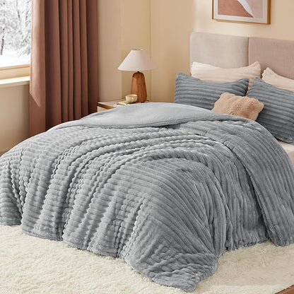 BEDELITE Fleece California King Comforter Set -Super Soft & Warm Fluffy Light Grey Bedding, Luxury Fuzzy Heavy Bed Set for Winter with 2 Pillow Cases