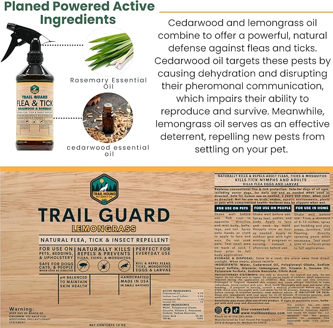 Trail Guard Natural Extra Strength Insect, Flea and Tick Spray for Dogs, Cats, People & Home - 16oz Lemongrass Scented Plant-Based Insect & Tick Repellent for Dogs - Kid Safe (16oz)-Mewly Pet