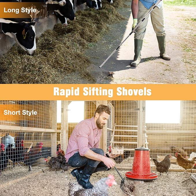 Chicken Poop Scooper 67 inch Adjustable Coop Scooper with 10 inch Metal Sieve for Fast Cleaning, Multi-Purpose Litter Tool for Chicken Coops, Barns & Pet Waste-Mewly Pet