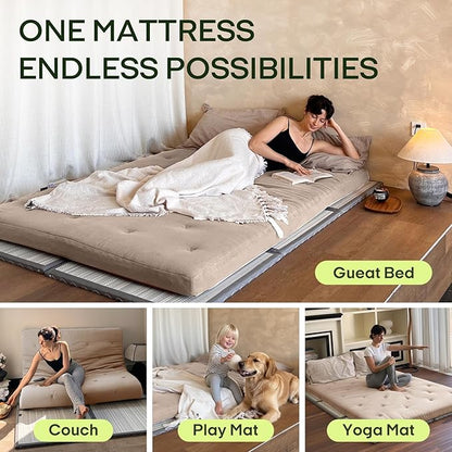 ZonLi Japanese Floor Futon Mattress Full Size 75"x 54", 100% Cotton Cover 4'' Thicken Tatami Mattress, Foldable Sleeping Pad, Portable Dormitory Tatami Mat, Roll Up Floor Lounger Bed for Adult (Khaki)