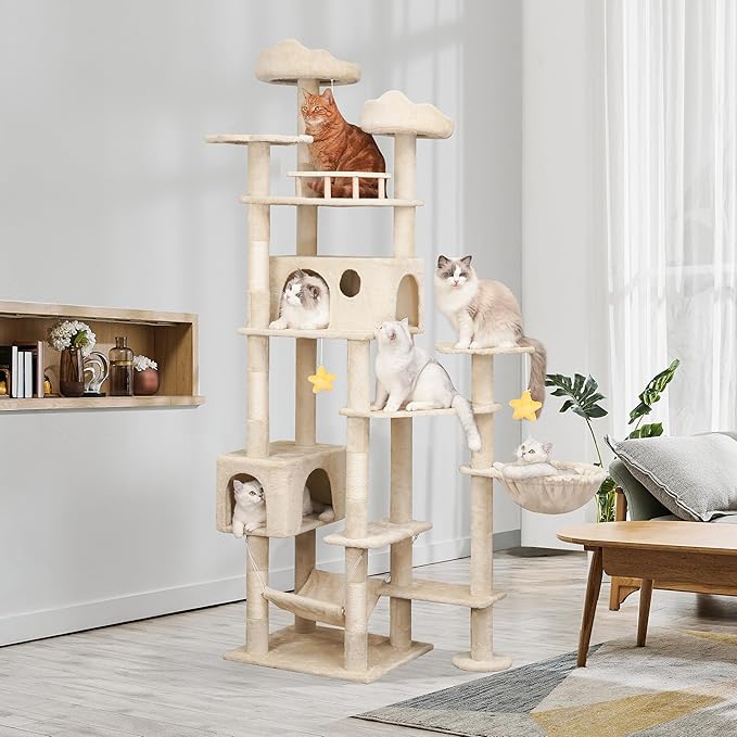 85inch Heavy Duty Cat Tree for Indoor Cats Large Adult, Tall Giant Cat Tower with Scratching Post, Large Perches, Cozy Cat Condos & Hanging Hammocks, Beige-Mewly Pet