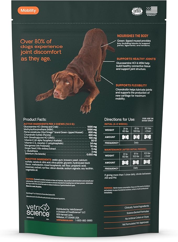 VetriScience Ultimate Strength Healthy Hip & Joint Chews, GlycoFlex Glucosamine, Chondroitin and Green-Lipped Mussel Joint Support Supplement for Dogs, Soothe Joint Discomfort, Duck, 60 Count-Mewly Pet