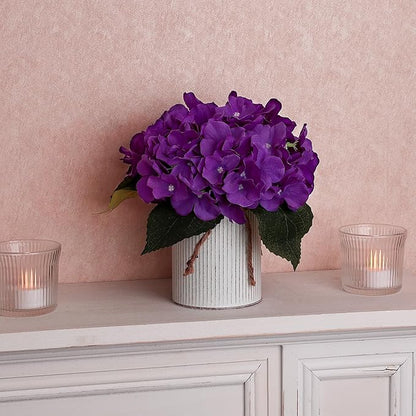 Flower Table Centerpieces - Set of 6 Floral Arrangement Artificial Wedding Hydrangeas Floral Arrangement with Rustic Metal Vase for Bridal Tea Party Event Decorations - Deep Purple