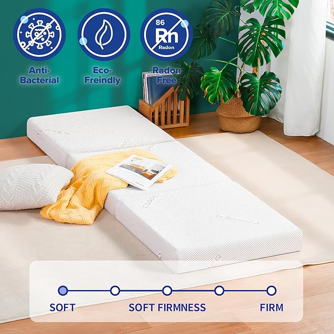 Olee Sleep Tri-Folding Antibacterial Memory Foam Mattress Topper, 4 Inch Copper Bamboo Gel Folding Mattress, Washable Cover, CertiPUR-US Certified, Soft, White, Single Size