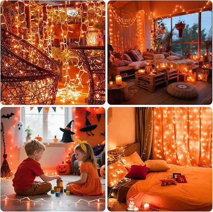 66Ft 200LED Orange Christmas Lights Plug in,Connectable Christmas Tree Lights,8 Modes String Lights Indoor Outdoor for Halloween Tree Party Bedroom Garden Decor (Clear Wire)