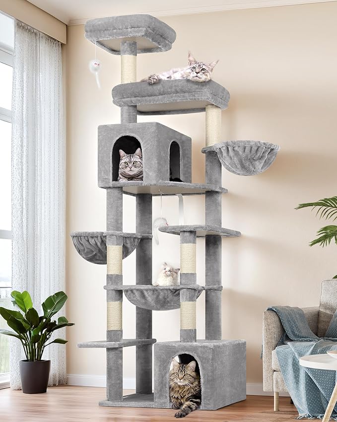 Globlazer Tall Cat Tower, 76 inch Multiple Level Cat Climbers for Indoor Cats, XL Cat Tree with 5 Scratching Posts, 2 Cat Condos, Hammock, 2 Hanging Baskets, F76B, Light Grey-Mewly Pet