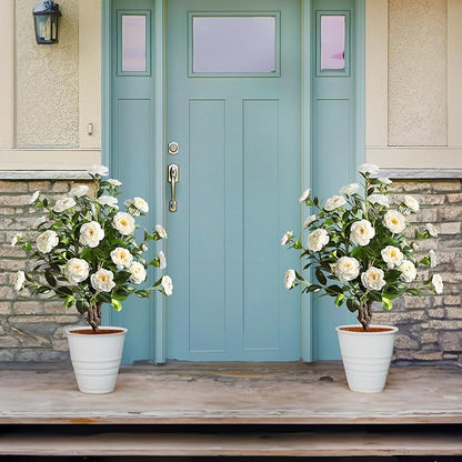 36''Artificial Camellia Tree, 2 Pack Soil Insertion w/Spike,Flower Plants, Faux Floral Plant Blooming Tree in Cement Pot, Greenery Potted Plant for Indoor Outdoor Office Home Porch Decor