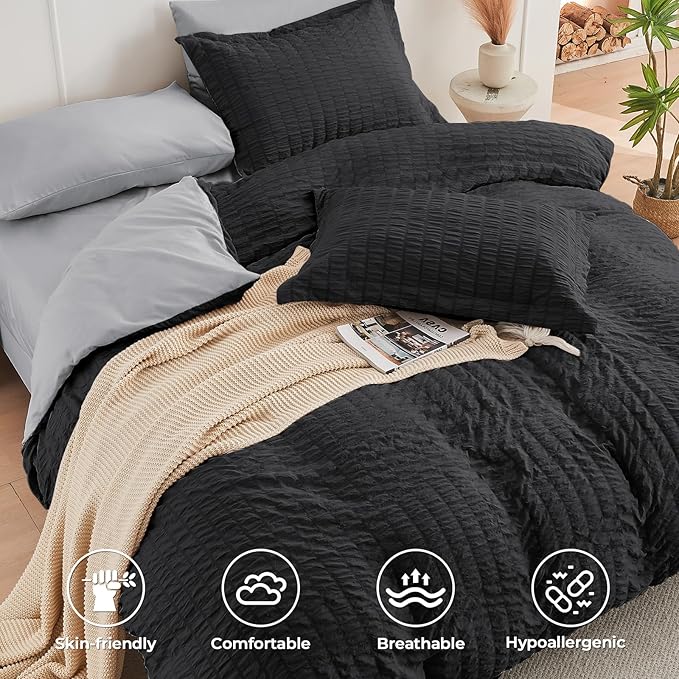 HYMOKEGE Black/Light Grey Twin Comforter Set Seersucker 5 Pieces, All Season Luxury Bed in a Bag for Bedroom, Bedding Set with Comforter, Sheets, Pillowcase & Sham