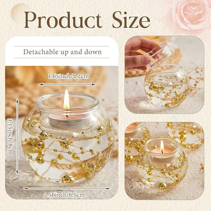 16 Pcs Glass Clear Votive Floating Candle Holders with 8 Pcs Bright Pearl String Beads, Tealight Bowl Candle Holder Bulk for Wedding Centerpiece Home Bridal Shower Party Decor (Gold)