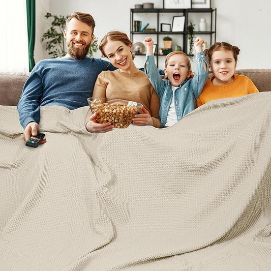 PHF 100% Cotton Waffle Weave Family Blanket,Oversized King Size 120"x 120"-Pre-Washed Snag Proof Lightweight Breathable Moisture-Wicking, 10'x 10' Huge Extra Large Big,Home Decoration Gift-Linen