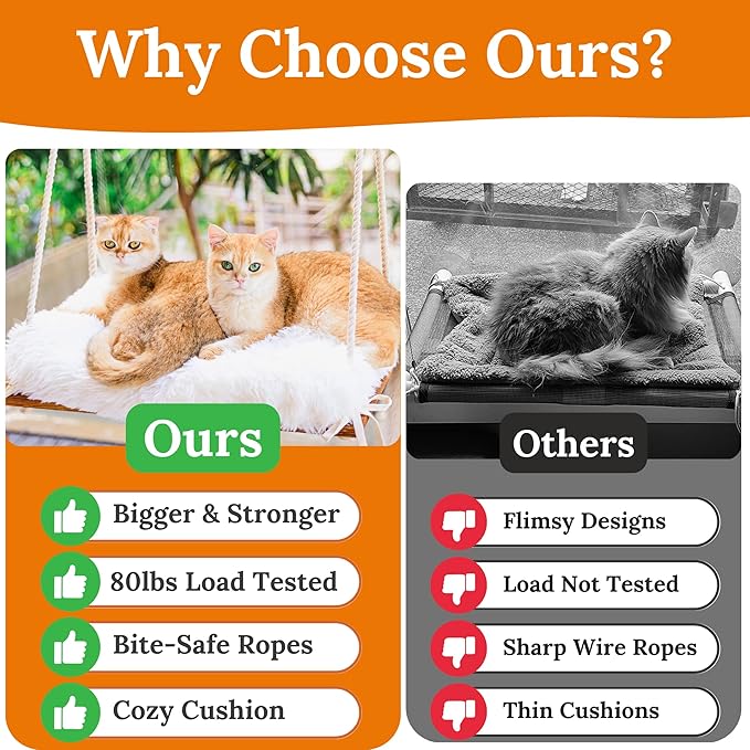 Cat Window Perch for Large Cats - Hammock Bed for Heavy Indoor Cats - Solid Wood Seat, 5 Strong Suction Cups, Soft Cushion - Rustic Shelf for Pets Inside-Mewly Pet