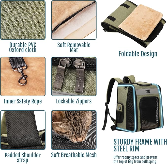 Petsfit Cat Backpack Carrier with Soft Plush Mat, Cross Ventilation Design, Dog Backpack Easy Fit for Travel Camping Hiking, Hold Pets Up to 22 lbs-Mewly Pet