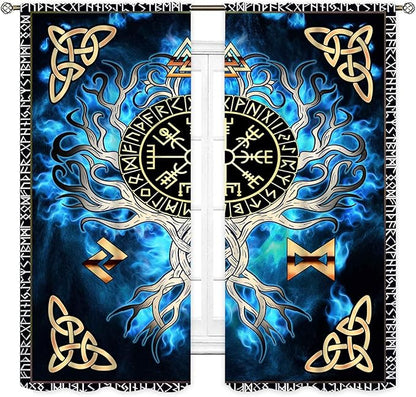 Tree of Life Curtains, Vikings Celtic Nordic Life Tree Scandinavian Aesthetic Mythology Blue Window Drapery Treatments for Bedroom Living Room Bathroom 2 Panels, 84"x84" Inch
