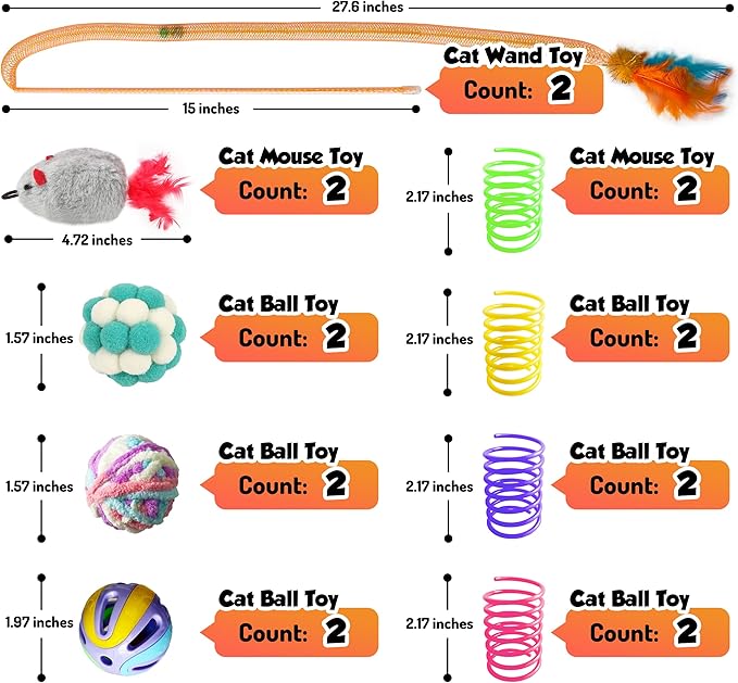 Cat Toys Set for Indoor Cats – 18PCS Cat Toys with Teaser Wand, Mouse, Ball, Spring Toys for Kittens, Interactive Cat Teaser Toys for Bored Cats Exercise and Play-Mewly Pet