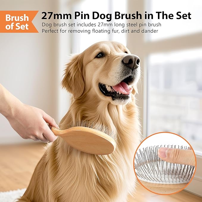 Dog Brush for Long Haired Dogs, 27mm Extra Long Metal Pin Dog Deshedding Brush and Comb Set, Short Haired Shedding Grooming Detail Pets Brush Set with Rubber Handle-Mewly Pet