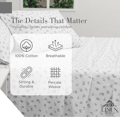 Linen Home 100% Cotton Printed Percale Sheets King Size, Deep Pocket, 4 Pieces Set - 1 Flat, 1 Deep Pocket Fitted Sheet and 2 Pillowcases, Crisp Cool and Strong Bed Linen, Grey Silhouette Floral